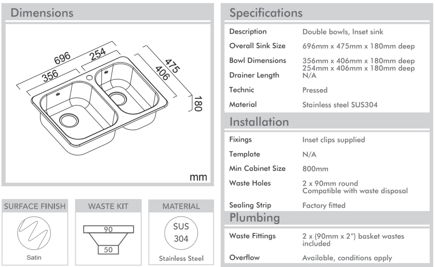 Abey PRC180 Brushed Stainless Steel Sink with Accessories