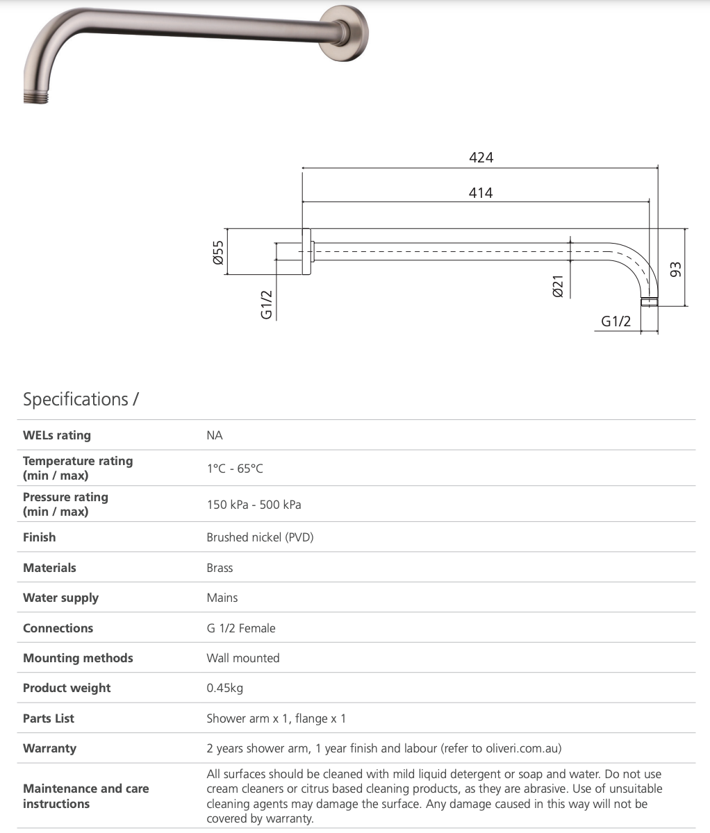 Oliveri RO15240BN Rome Brushed Nickel Wall Mounted Shower Arm