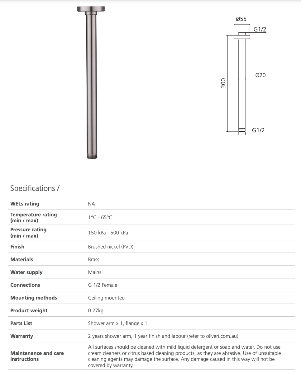 Oliveri RO15293BN Rome Brushed Nickel Ceiling Mounted Shower Arm