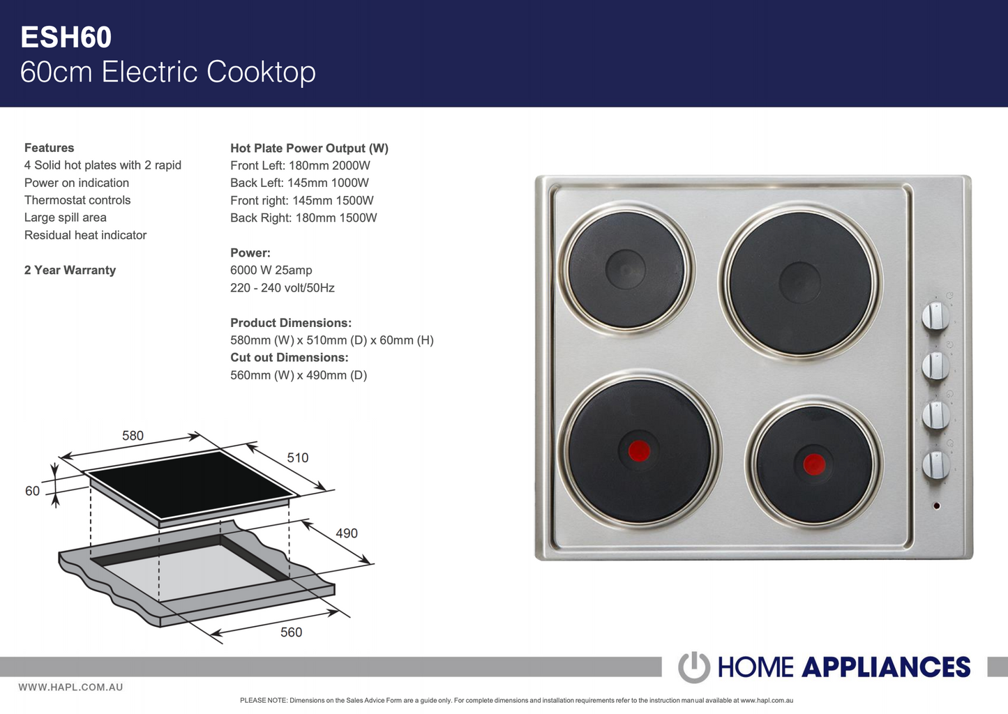 ARC ESH60 Stainless Steel Electric Cooktop – New