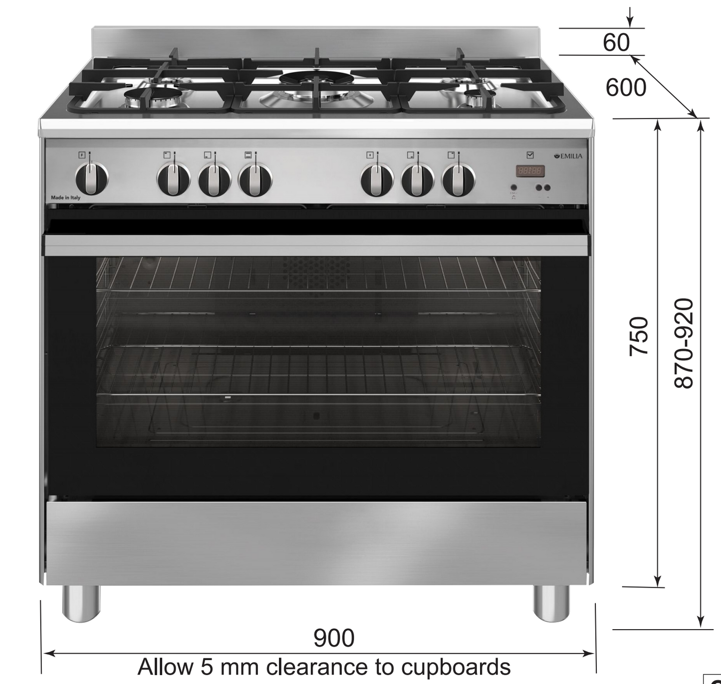 Emilia EM965GGN 90cm Black and Stainless Steel Italian Made All Gas Stove