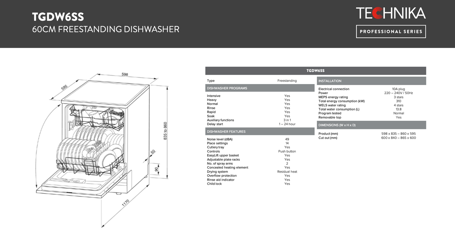 Technika TGDW6SS Stainless Steel Dishwasher with Top Cutlery Draw