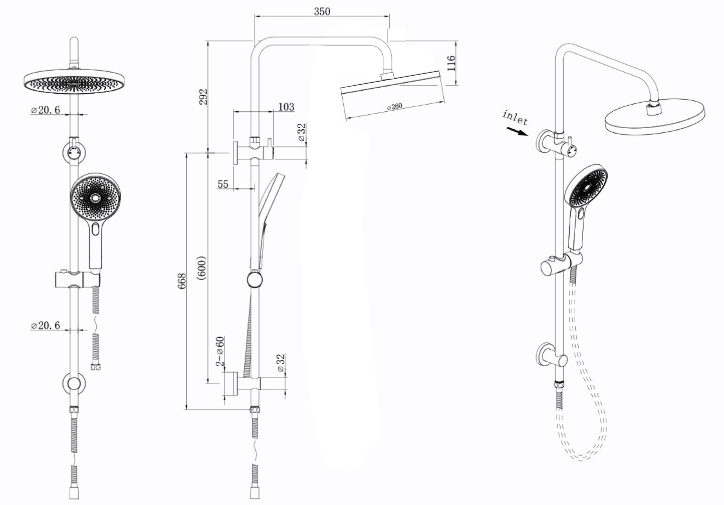 The Gabe Twin Shower With Rail  Brushed Nickel T7808BN