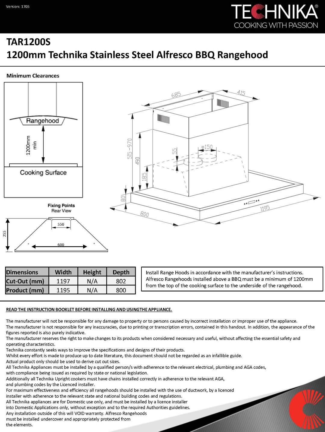 Technika TAR1200S 120cm Outdoor BBQ Canopy Rangehood