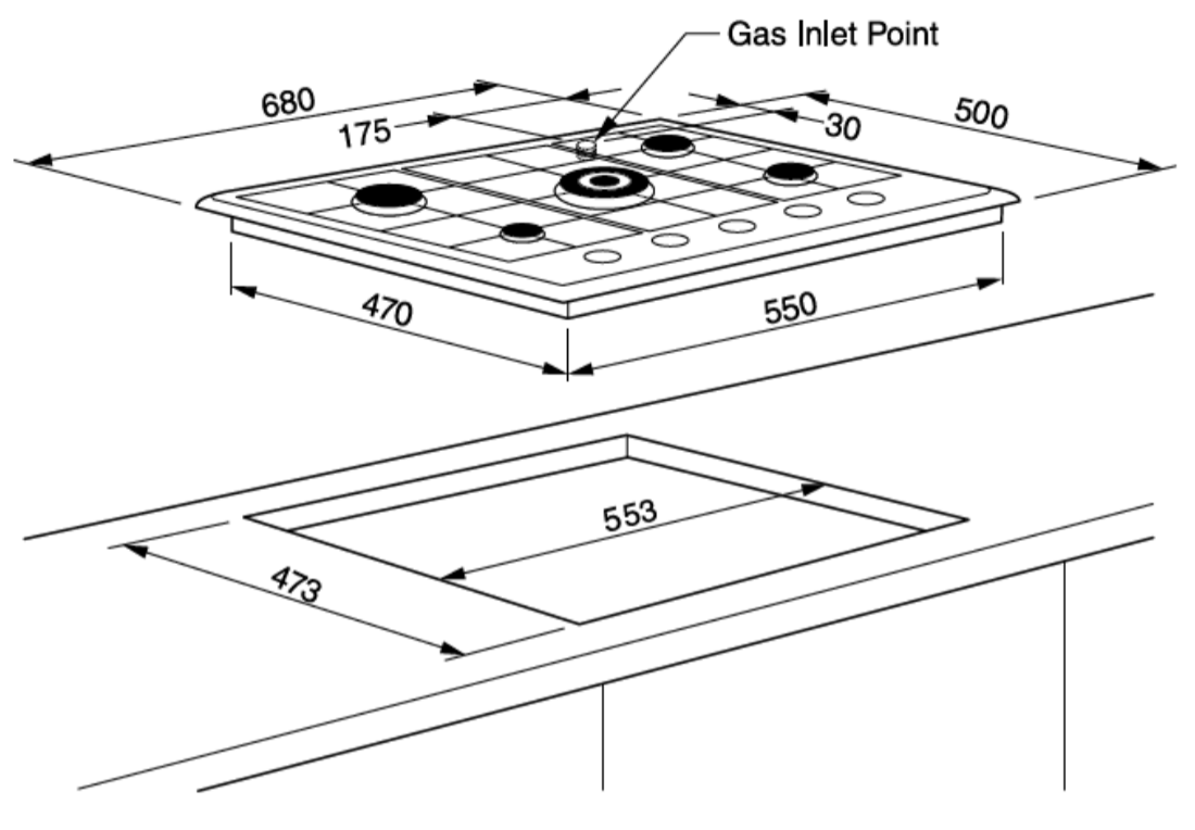 Technika TB75GWFSS−3 68cm Stainless Steel Gas Cooktop