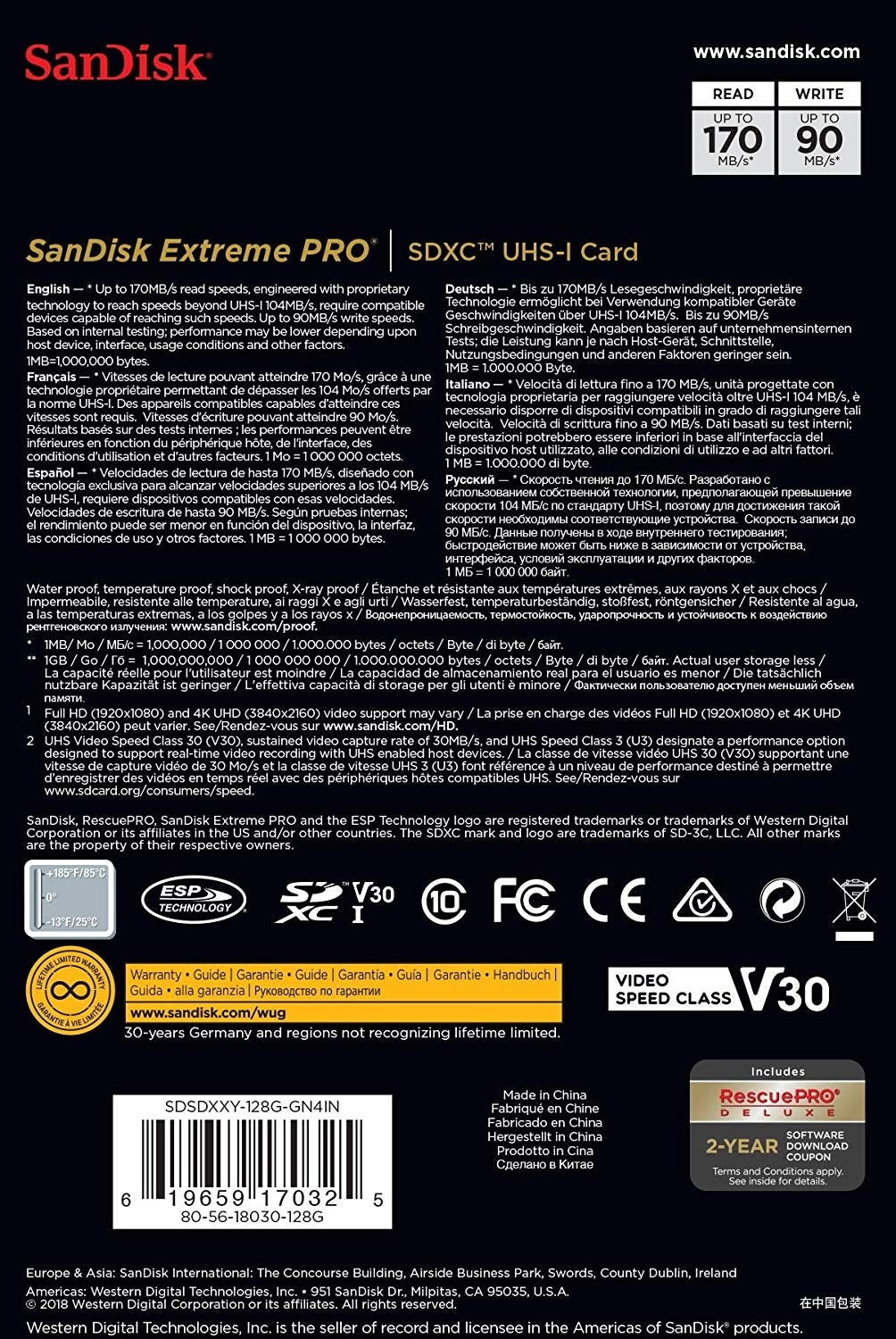 SANDISK SDSDXXY-128G-GNCIN SDXC Extreme Pro V30 4K/UHD UHS-I/U3 170MB