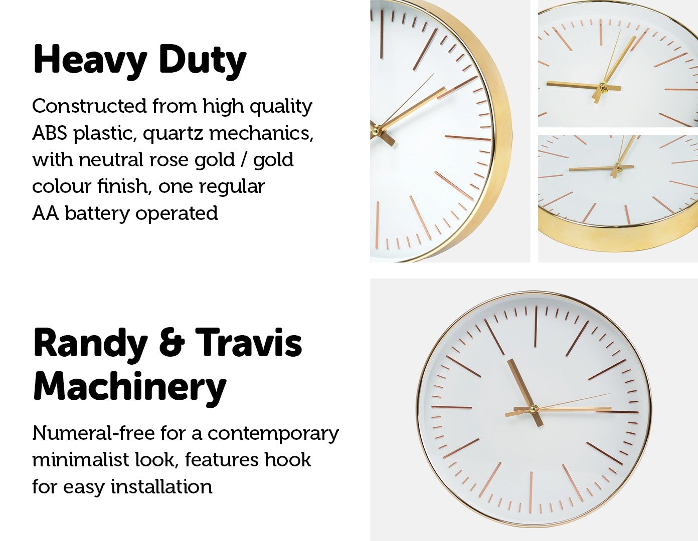 Modern Wall Clock Silent Non-Ticking Quartz Battery Operated Round Gold