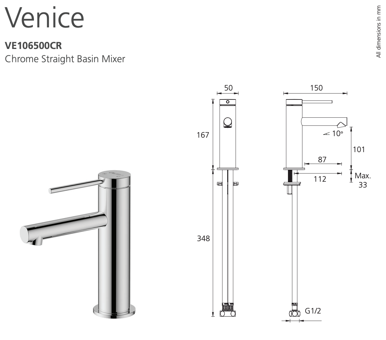 Oliveri Venice VE106500CR Straight Chrome Basin Mixer