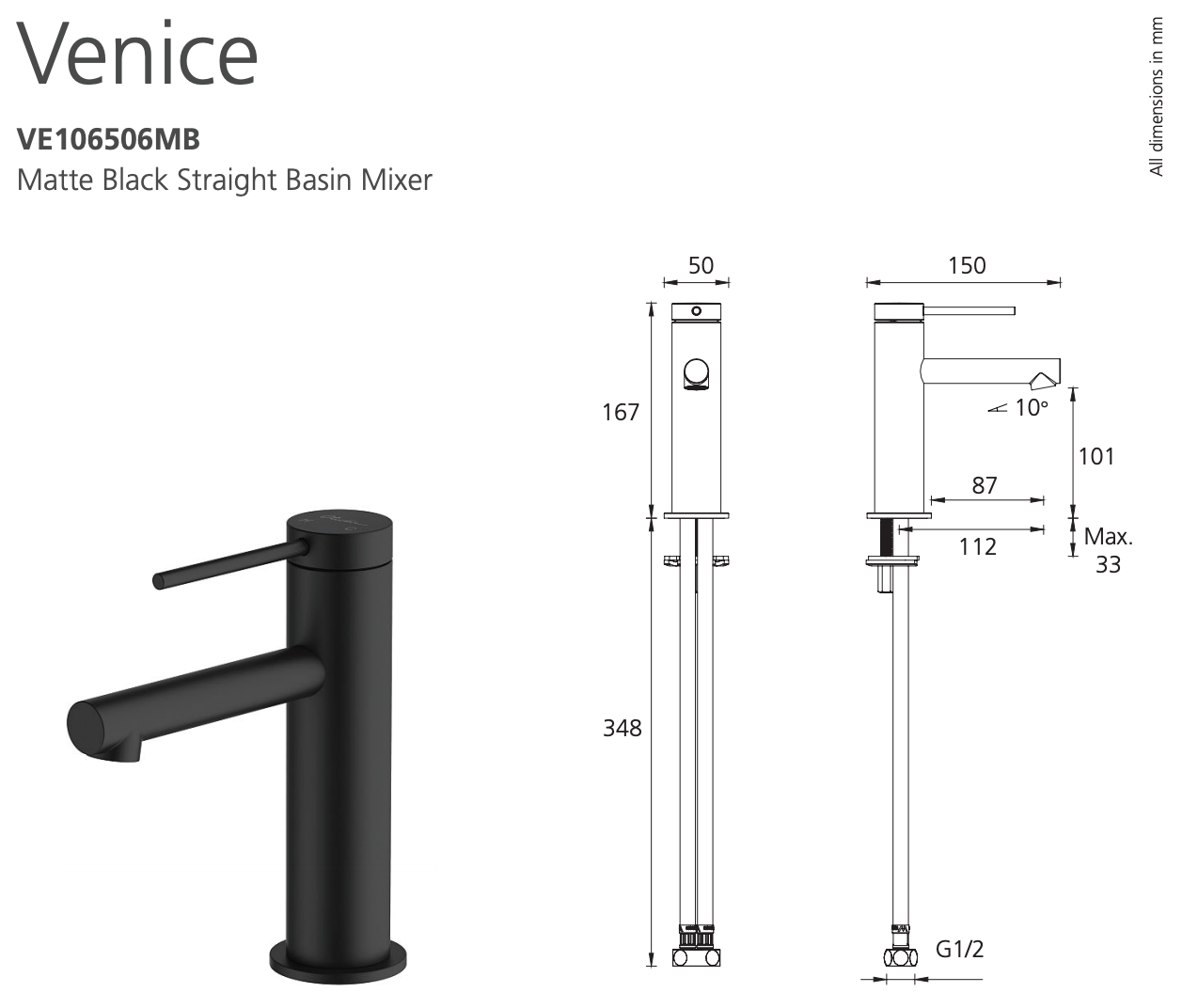 Oliveri Venice VE106506MB Matte Black Straight Basin Mixer