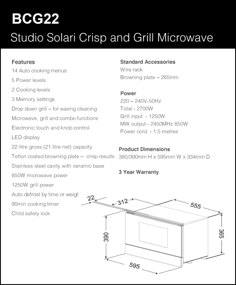 Baumatic Bcg22 21L Studio Solari Microwave With Grill 2700W