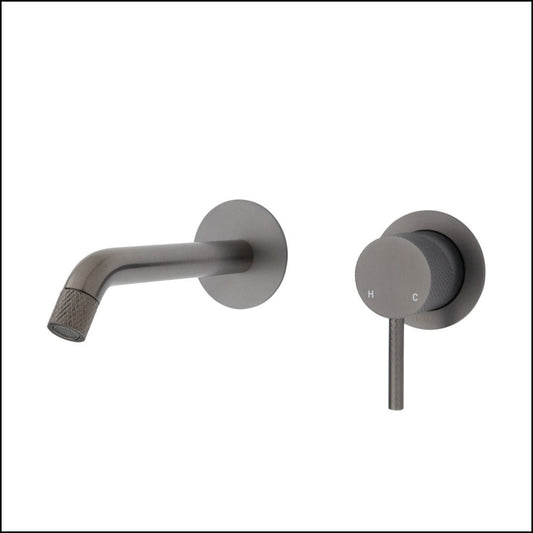 Fienza Axle Wall Basin/Bath Mixer Set Gun Metal Small Round Plates 160Mm Outlet 231104Gm Bathroom