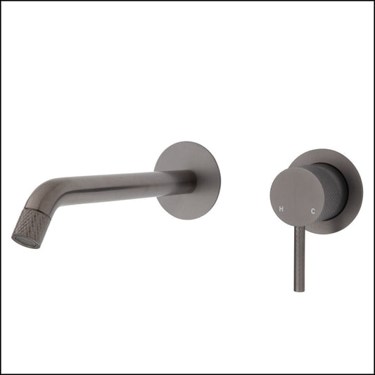 Fienza Axle Wall Basin/Bath Mixer Set Gun Metal Small Round Plates 200Mm Outlet 231104Gm-200