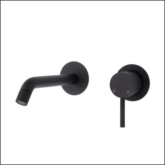 Fienza Axle Wall Basin/Bath Mixer Set Matte Black Small Round Plates 160Mm Outlet 231104B Bathroom