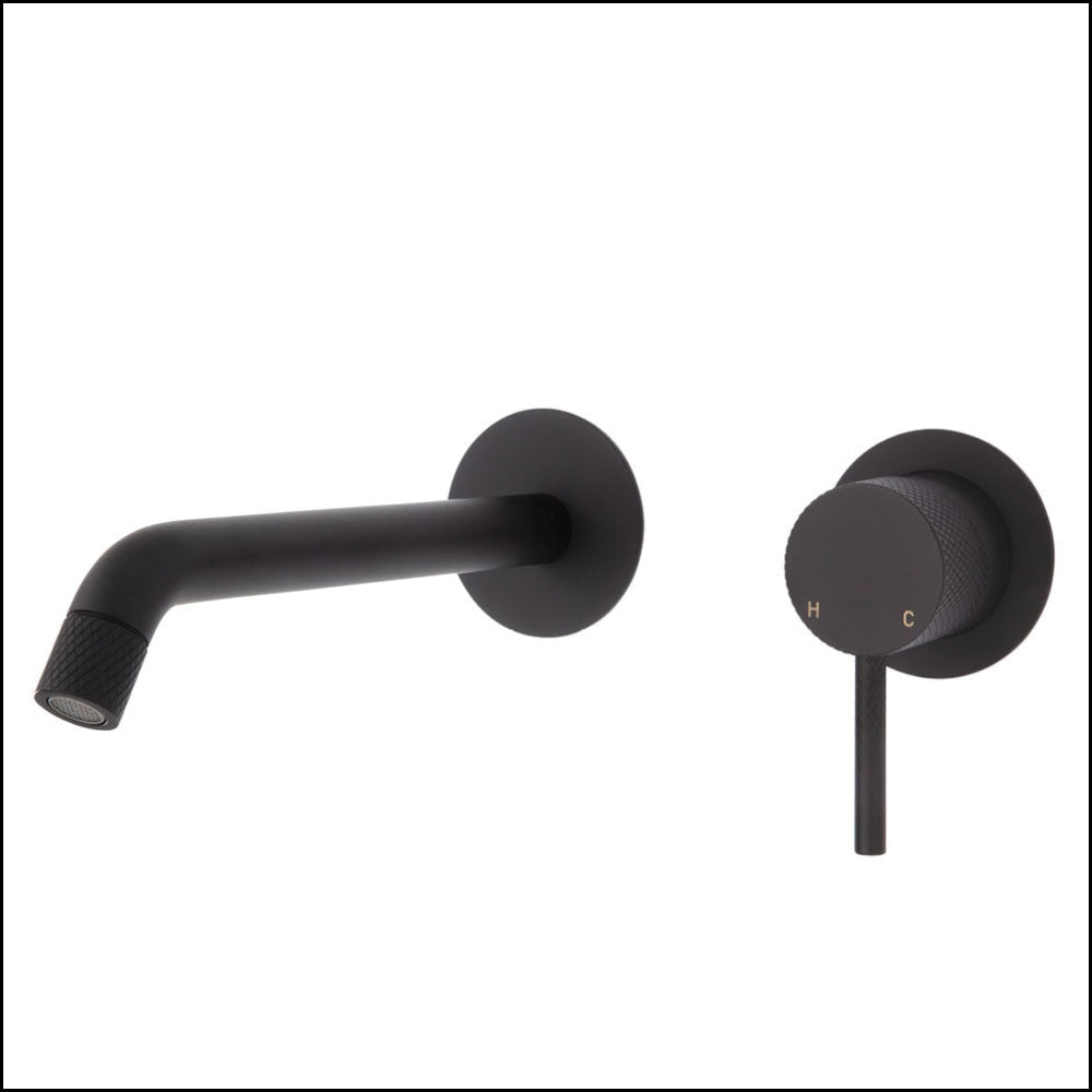 Fienza Axle Wall Basin/Bath Mixer Set Matte Black Small Round Plates 200Mm Outlet 231104B-200