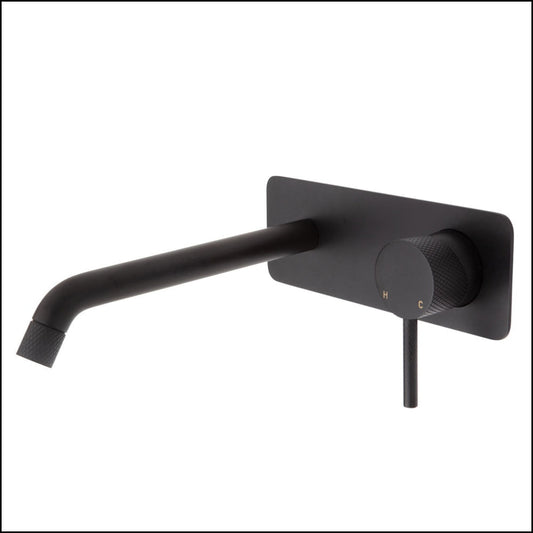 Fienza Axle Wall Basin/Bath Mixer Set Matte Black Soft Square Plate 200Mm Outlet 231106B-200