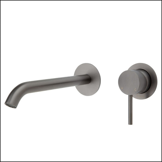 Fienza Kaya Wall Basin/Bath Mixer Set Gun Metal Round Plates 200Mm Outlet 228104Gm-200 Bathroom