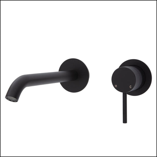 Fienza Kaya Wall Basin/Bath Mixer Set Matte Black Round Plates 200Mm Outlet 228104B-200 Bathroom