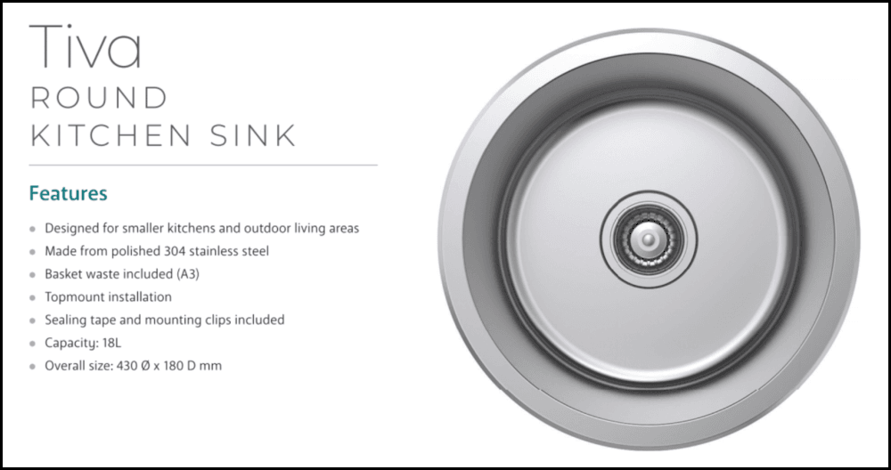 Fienza Tiva 68103 Stainless Steel Round Kitchen Sink - Special Order Laundry Insert Sinks