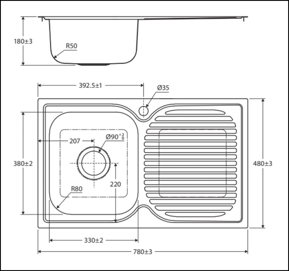 Fienza Tiva 780 Single Kitchen Sink With Drainer Left Bowl 68104L Top Mounted Sinks